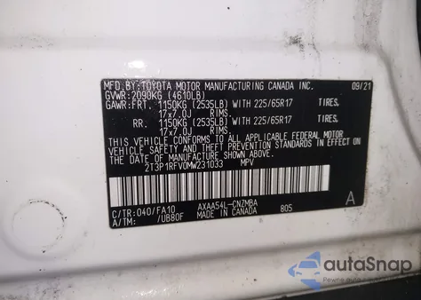 2021 Toyota Rav4 Xle z USA, uszkodzony, nr VIN 2T3P1RFV0MW231033